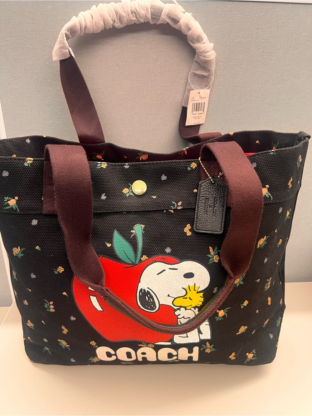 Coach Black Canvas Tote with Red Apple Snoopy Graphic - Picture 3 of 11
